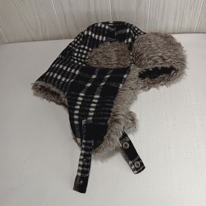 Black and white plaid winter snap chin hat ear covers hat faux fur ear muffs